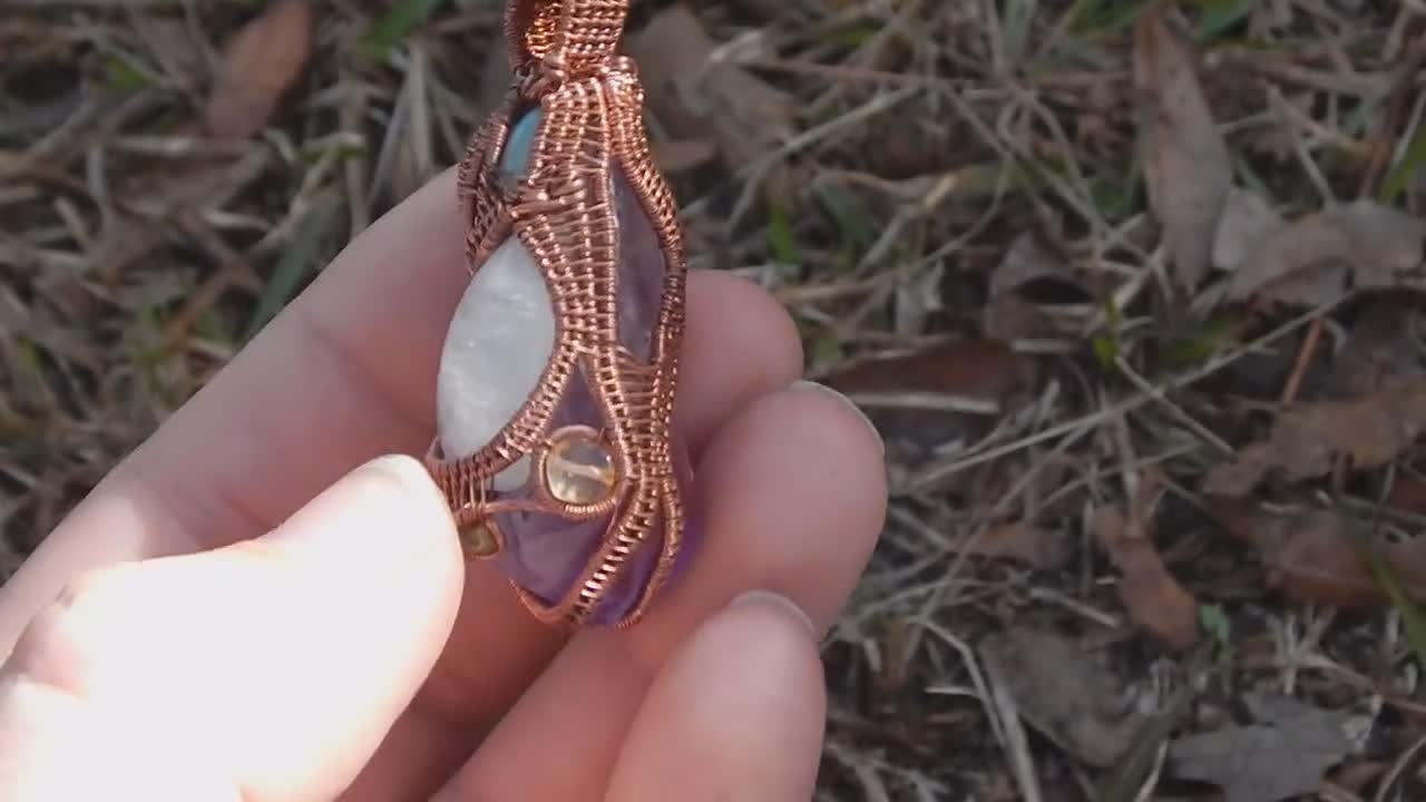 Made this pair today! 💜 Amethyst beads wire wrapped on to hammered &  antiqued Copper charms with my handmade ear wires. : r/jewelrymaking