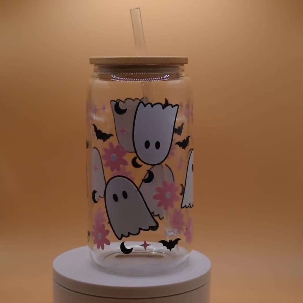 16 Oz Floral Ghost Glass Cup With Lid and Straws Clear or Frosted Glass  Halloween Ghost and Flowers 