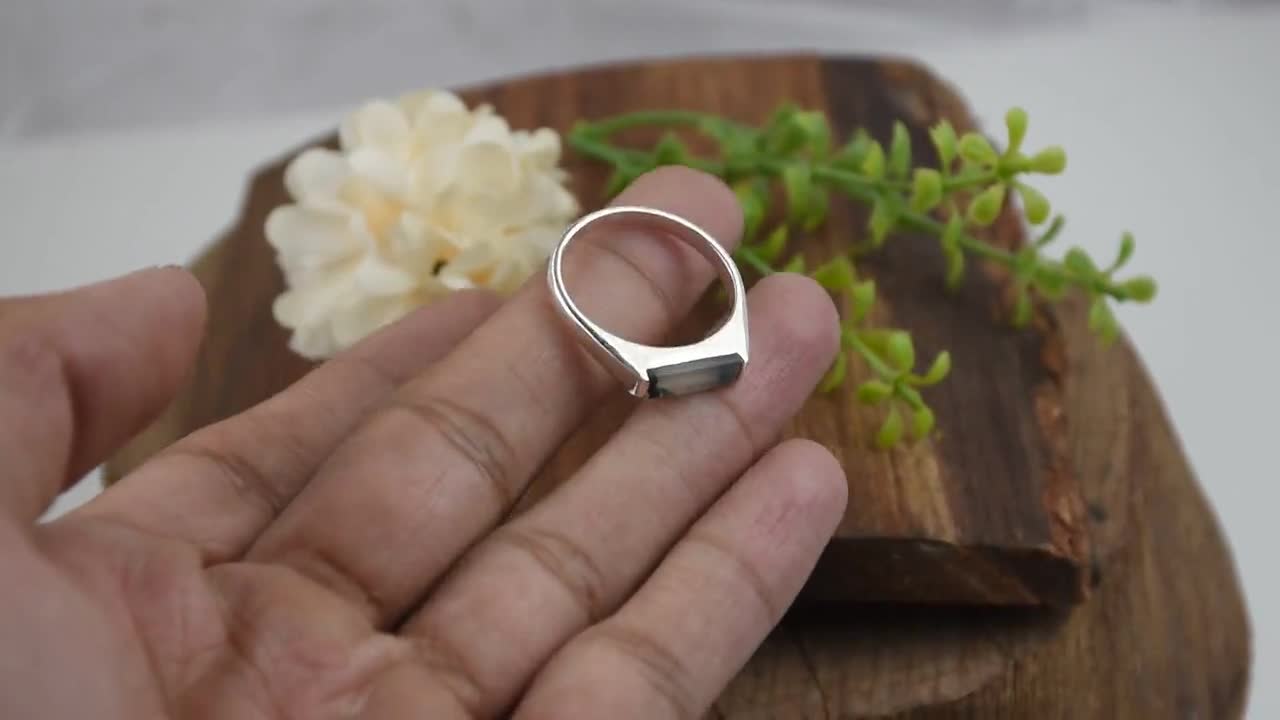 モスアゲートリング：ハンドメイド925スターリングシルバーのバゲット