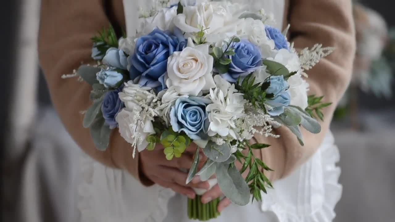 Fake Dusty Blue Flowers Wedding Bouquet, Pale Blue Ivory Bridal Bouquet,  Real Touch Roses, White Bridesmaids Bouquets, Boutonniere Corsage