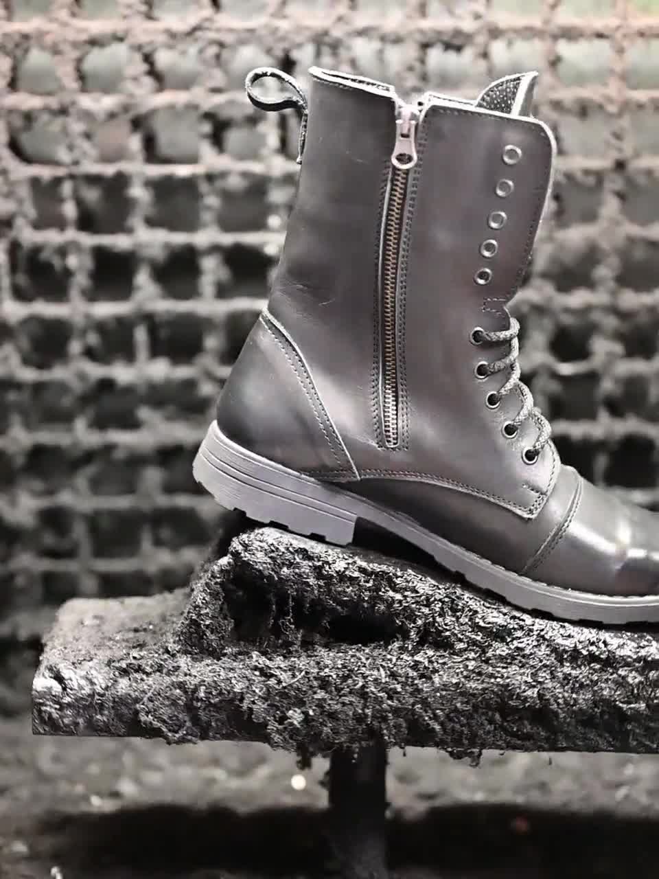 RASPIO Leather Motorcycle Boots For Men - Handmade Thick Sole Lace-up Mid Calf Desert Boots - View #11