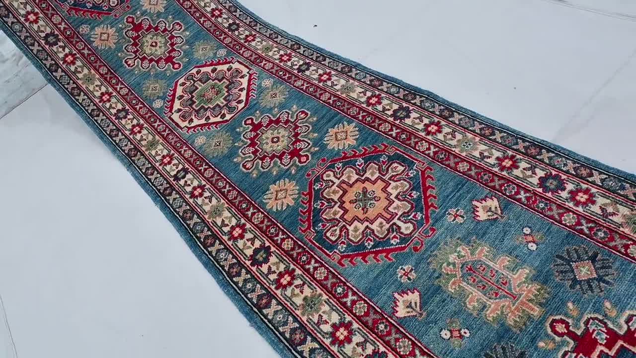 13 ft Runner Rug 85x400 cm Blue Afghan Kazak design Rug, Stunning Handmade  Rug, Turkoman Geometric rug, Stairs Treads Runner, Hallway Runner