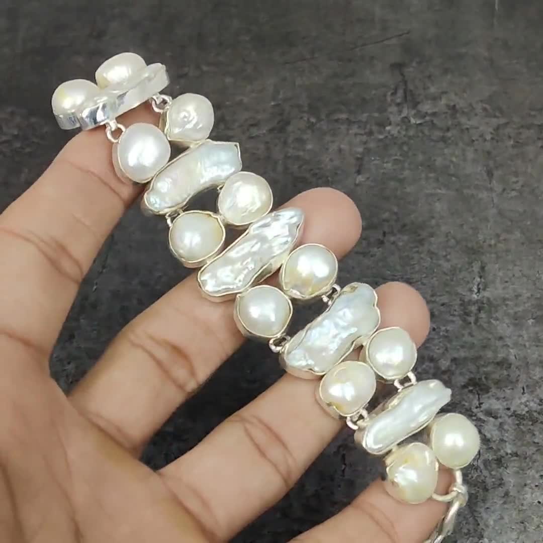 Biwa Pearl Gemstone Bracelet, Silver Plated Jewelry