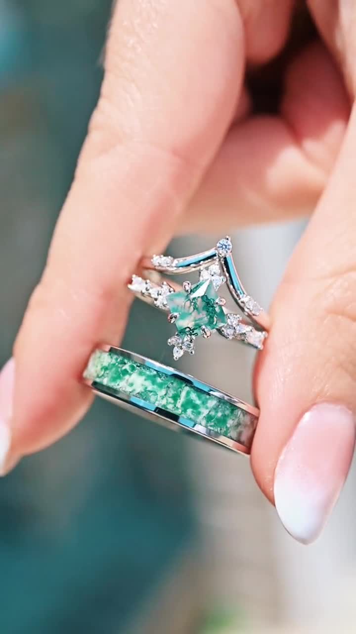 DHRUVIK CREATION Moss Agate & White Topaz Sterling Silver Ring Set - Couples Rings - View #6