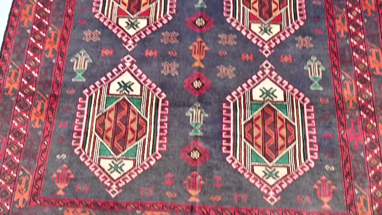 アフガニスタンアンティーク 3.9 x 5.7フィートラグ、トルクメン幾何学