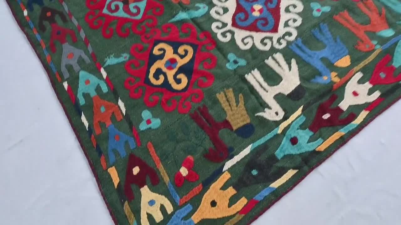Vintage Green Tapestry Rug 7x7 Afghan Handmade Wool Square Rug