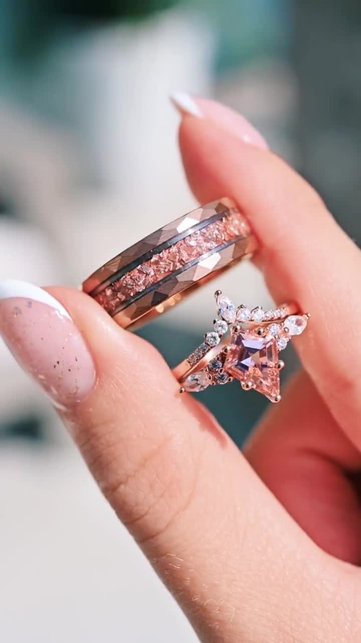 Rockyu Matching Couples Rings - 925 Sterling Silver Wedding Bands, One Size Fits Most | Simple Platinum & Pink Gold Plated Design With Cubic Zirconia - View #7