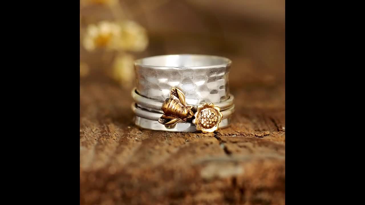 Bague Bee Fidget personnalisée, bague Spinner en argent sterling  925/laiton, bague fleur florale, large bande de méditation, bague Fidget  Anxiety Worry