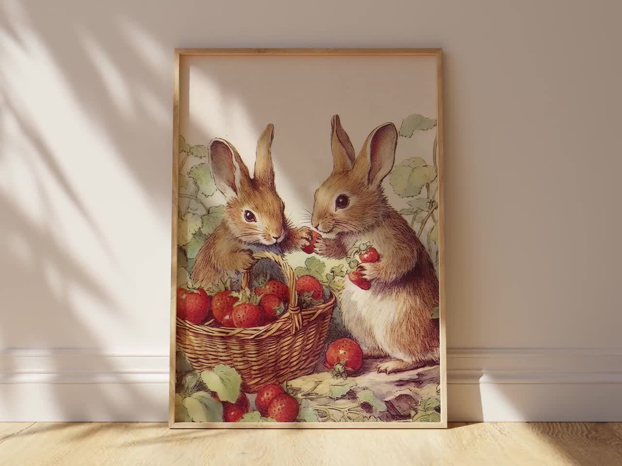 絵画 strawberry & cutie rabbit Bunny Painting and Strawberry Cute Rabbit Wall Art Oil