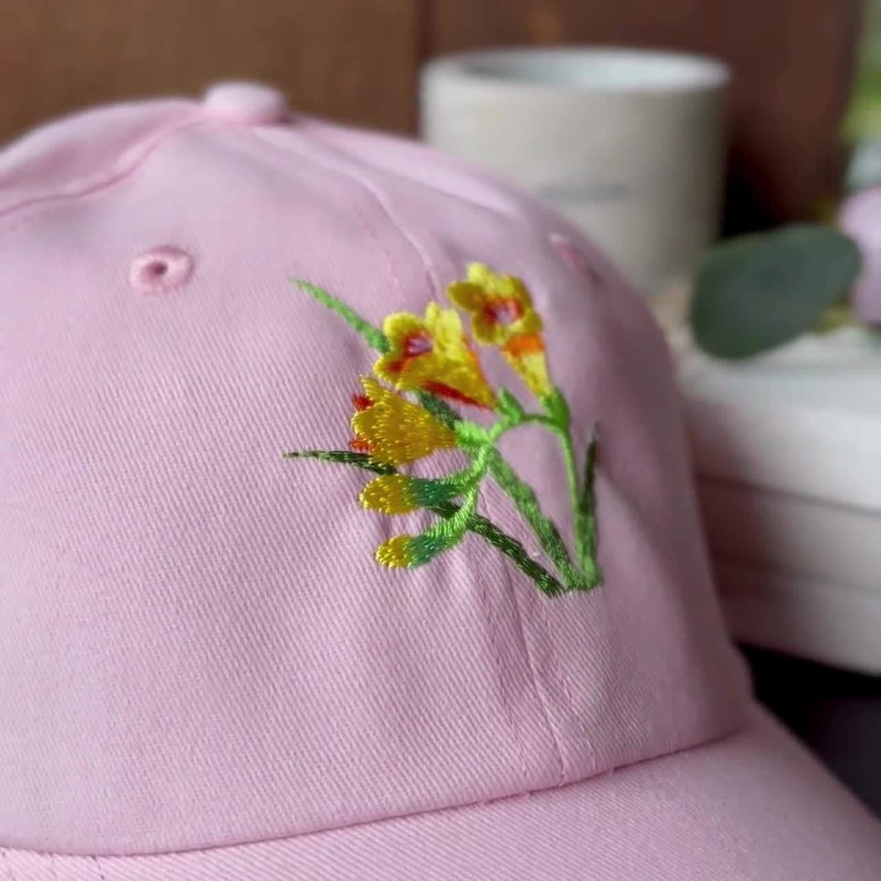 Floral Embroidered Hat w/ Freesia, Flower Dad Hat | Soft 100% Cotton Pink Baseball Cap, Plant Mom Gifts for Her, Gardening Hats for Women