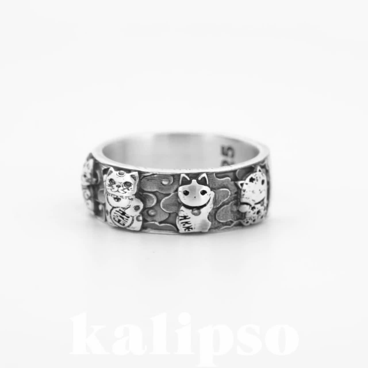 Dainty Maneki Neko Ring, Japanese Good Luck Cat Ring, Sterling