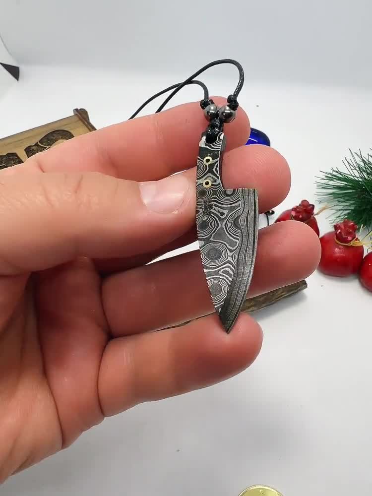 Damascus Steel Chef Knife Necklace, store Chefknife, Scandinavian Mens Jewelery, Mens