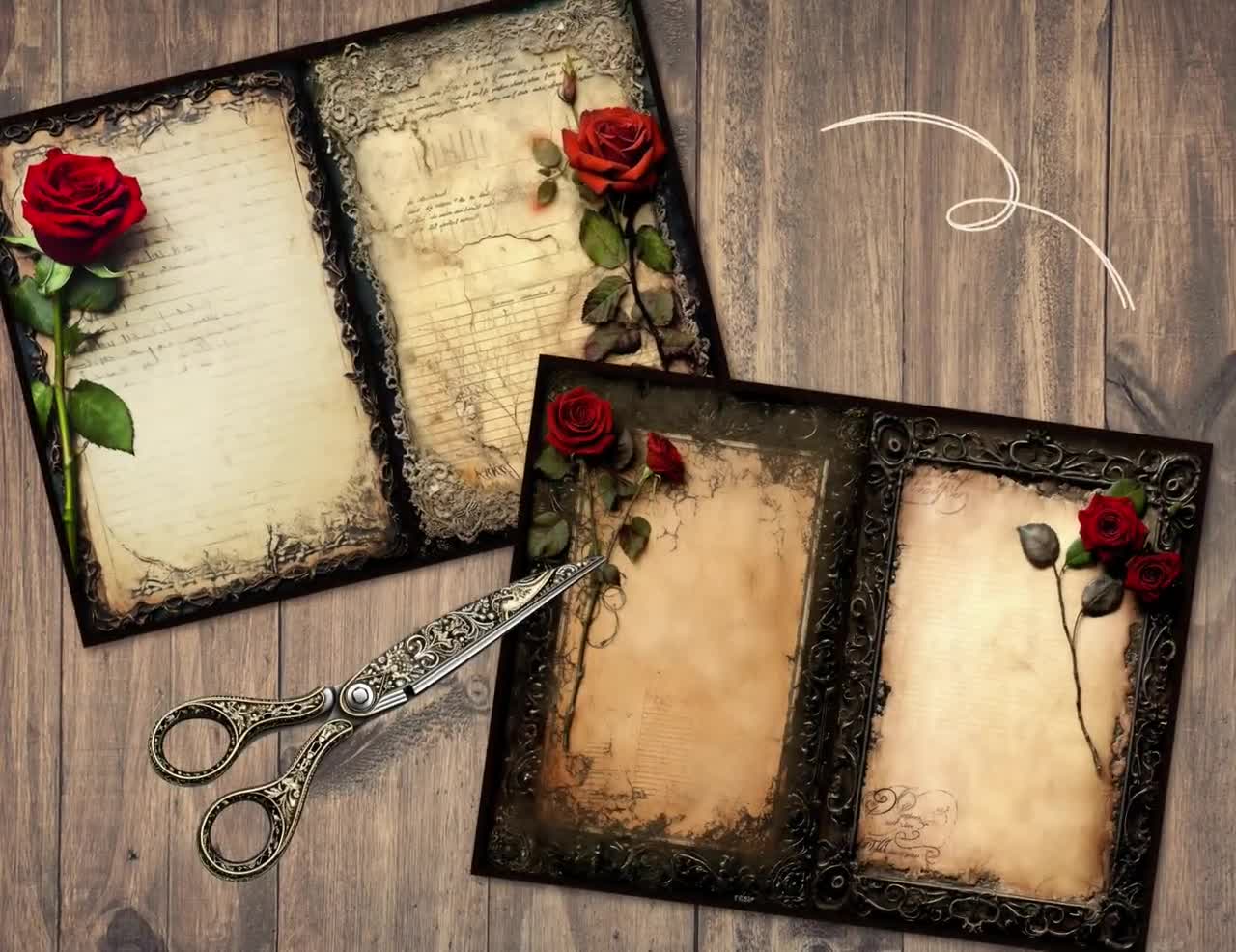 Gothic Rose Junk Journal Pages, Dark Red Scrapbook Paper Kit