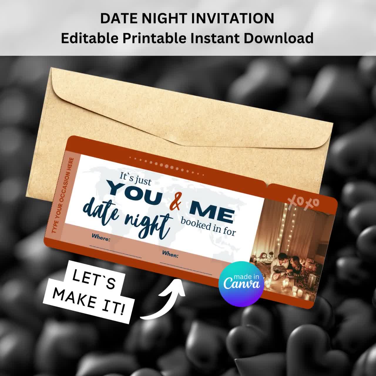 Date Night Ticket Template, DIY Romantic Valentine/anniversary Gift Idea,  Printable Fun Date Night Invitation, 9x4 Digital File, Canva Edit (Download  Now) 