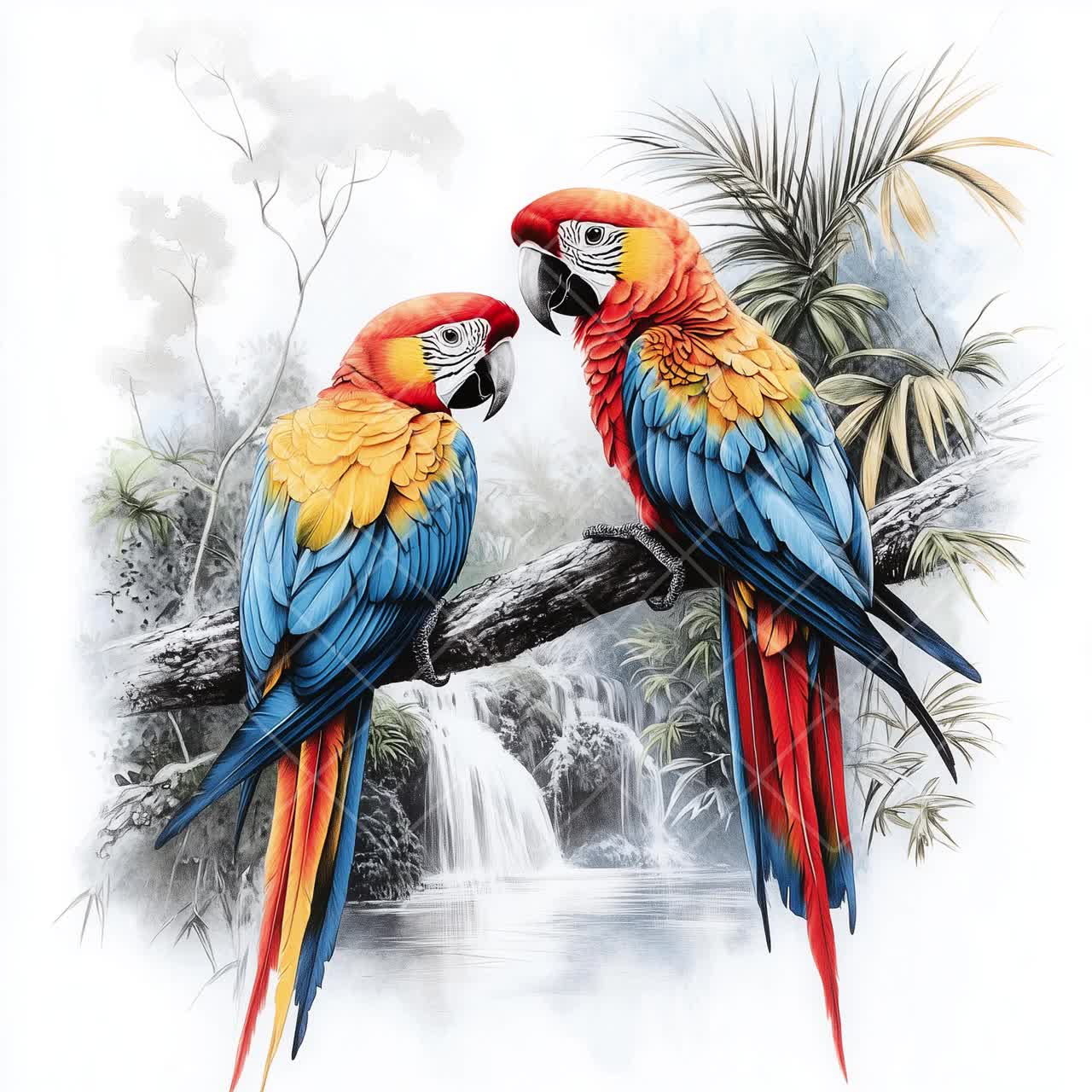 水彩コンゴウインコのクリップアート – トロピカルなオウムと滝の背景