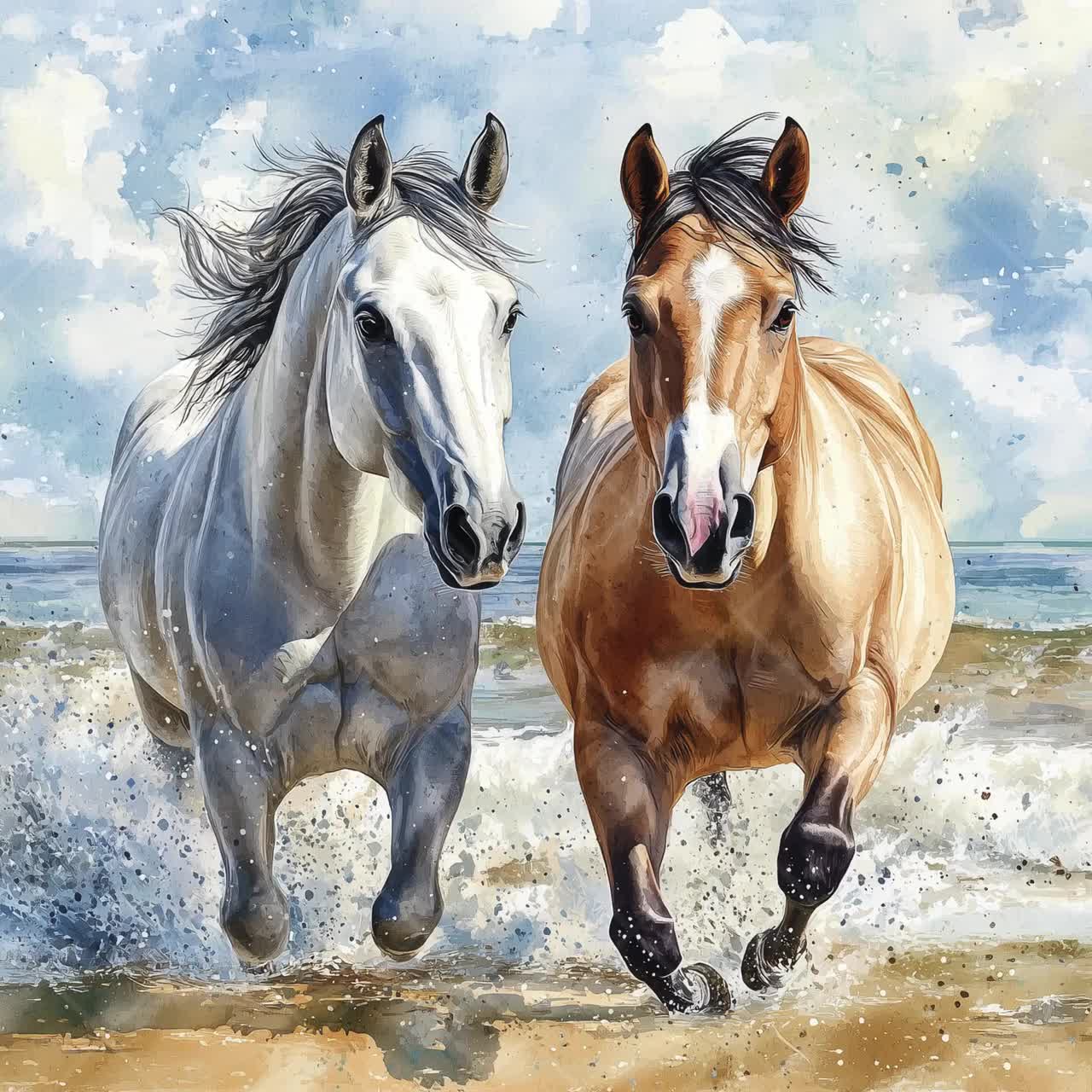 馬の水彩画 オレンジと黒 馬の水彩画 オレンジと黒