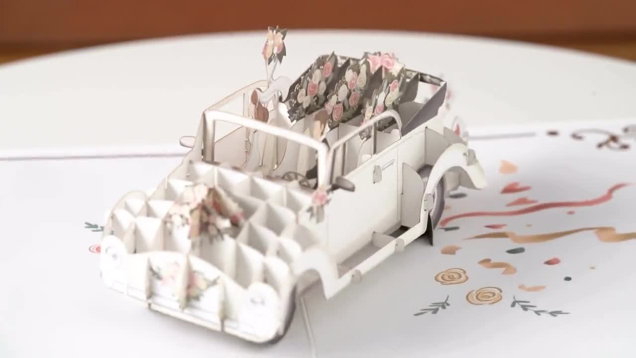 BARRU Biglietto pop-up con auto per matrimonio, elegante biglietto di auguri per matrimonio, 3D con auto just married, regalo in denaro per viaggi di nozze e luna di miele di sposi
