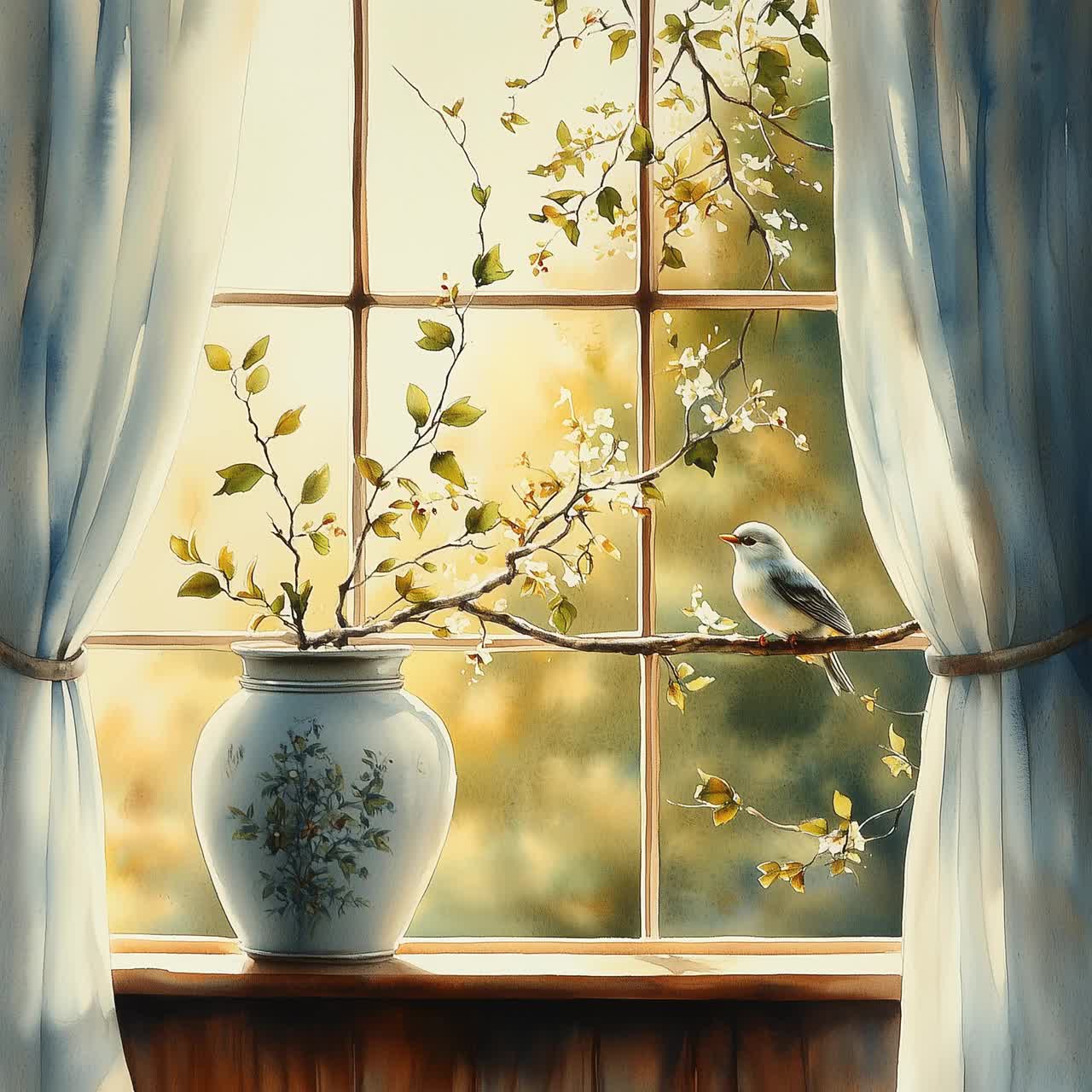 鳥の水彩画窓クリップアート：風光明媚な風景（JPG デジタル
