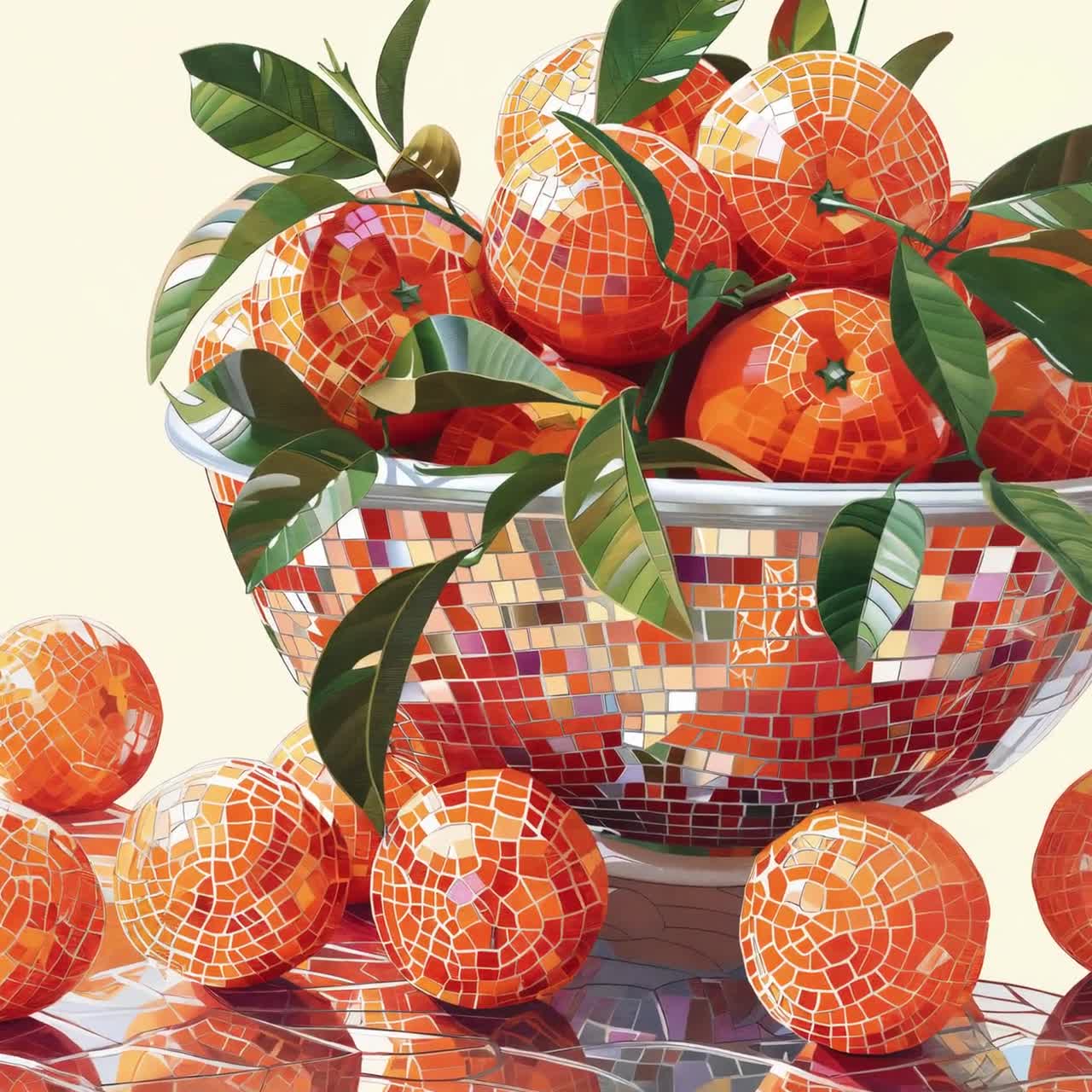 オレンジのボウル、レトロなディスコミラーボールプリント、ウォール