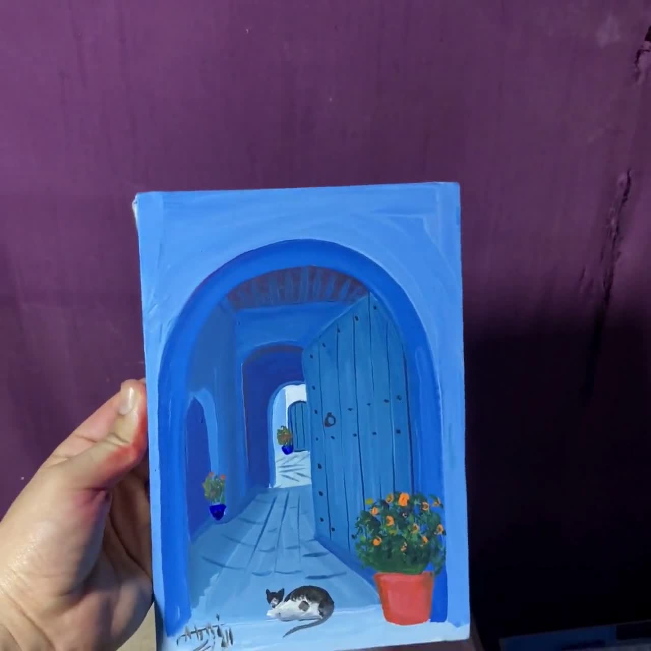 Chefchaouen Blue Door Acrylic Painting: Moroccan Travel Art (10x6