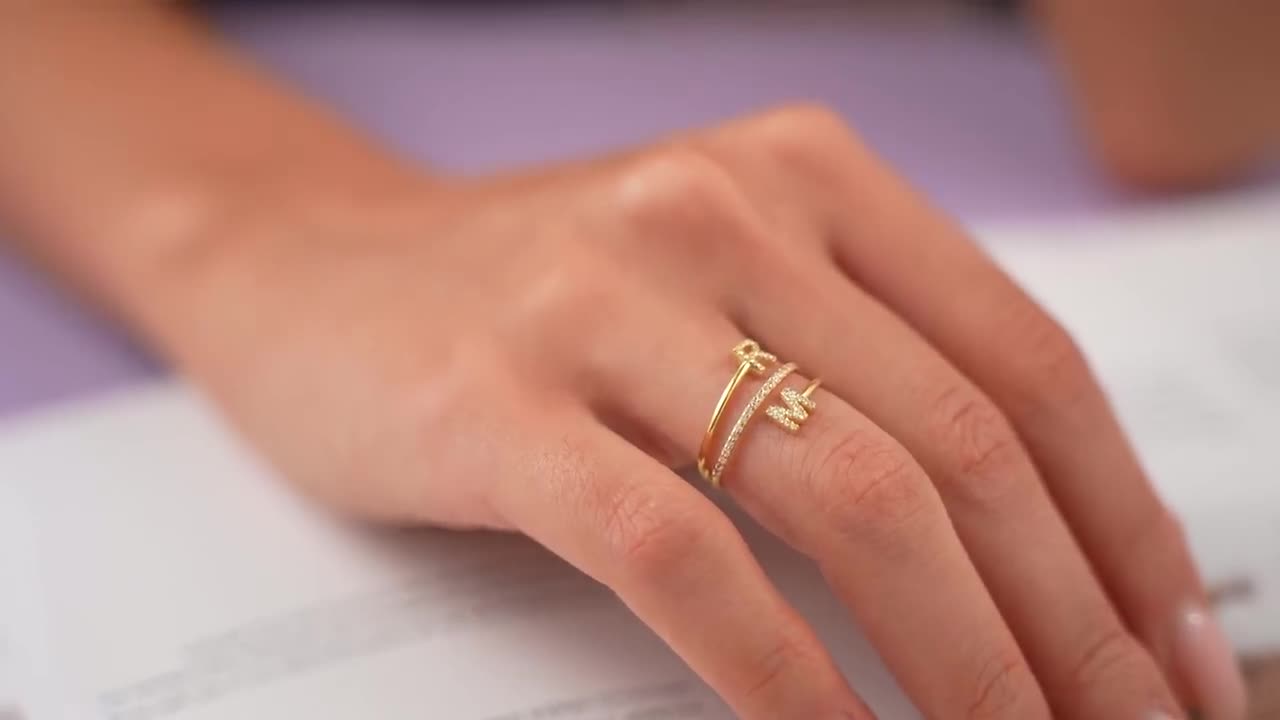 CZ Double Initial Spiral Ring, 10k 14k 18k Gold Cubic