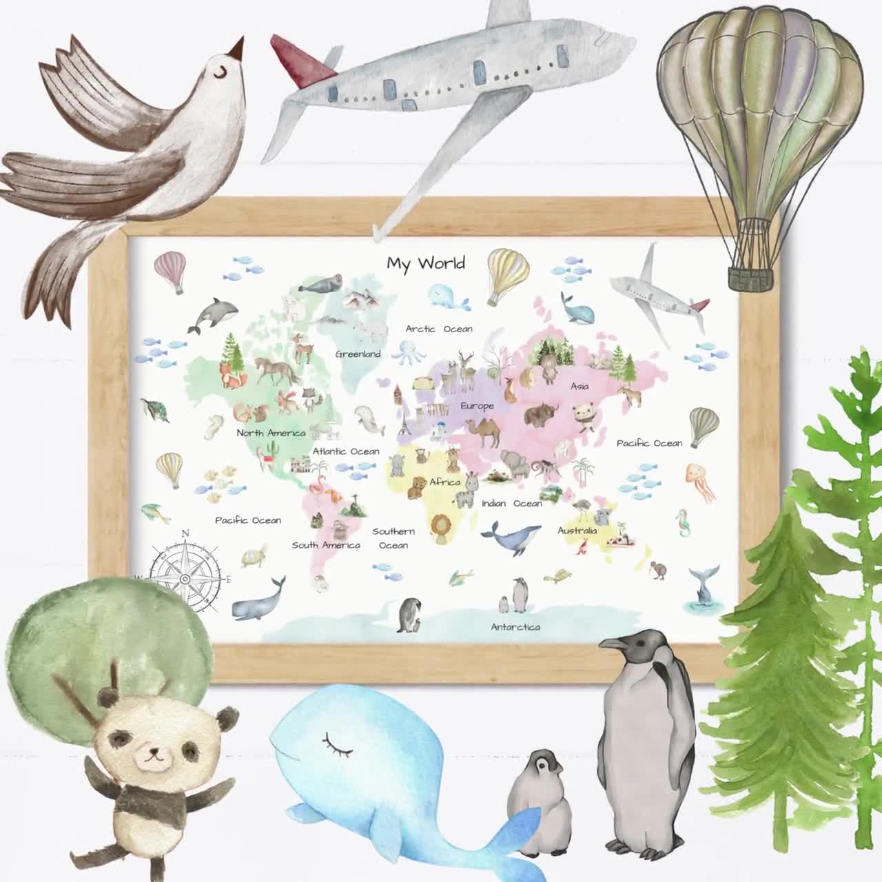 Carte du monde des animaux à l'aquarelle - À partir de 29€