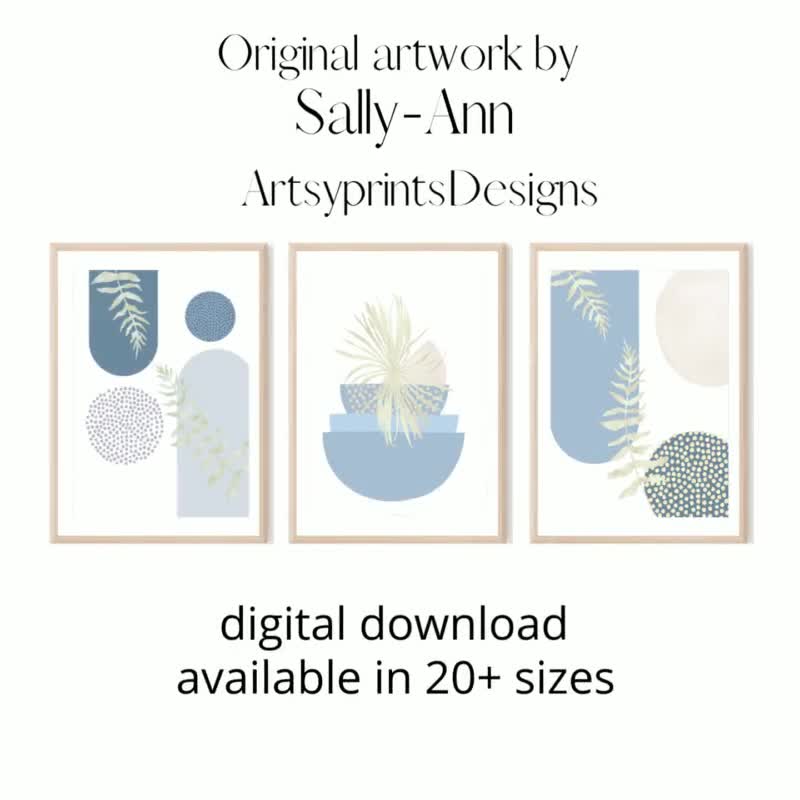 Boho Printable Wall Art, Modern Nordic Light Blue Set of 3 Prints, Minimalist Living Room Wall Decor, Sage Green Art Shapes Hallway Print video poster