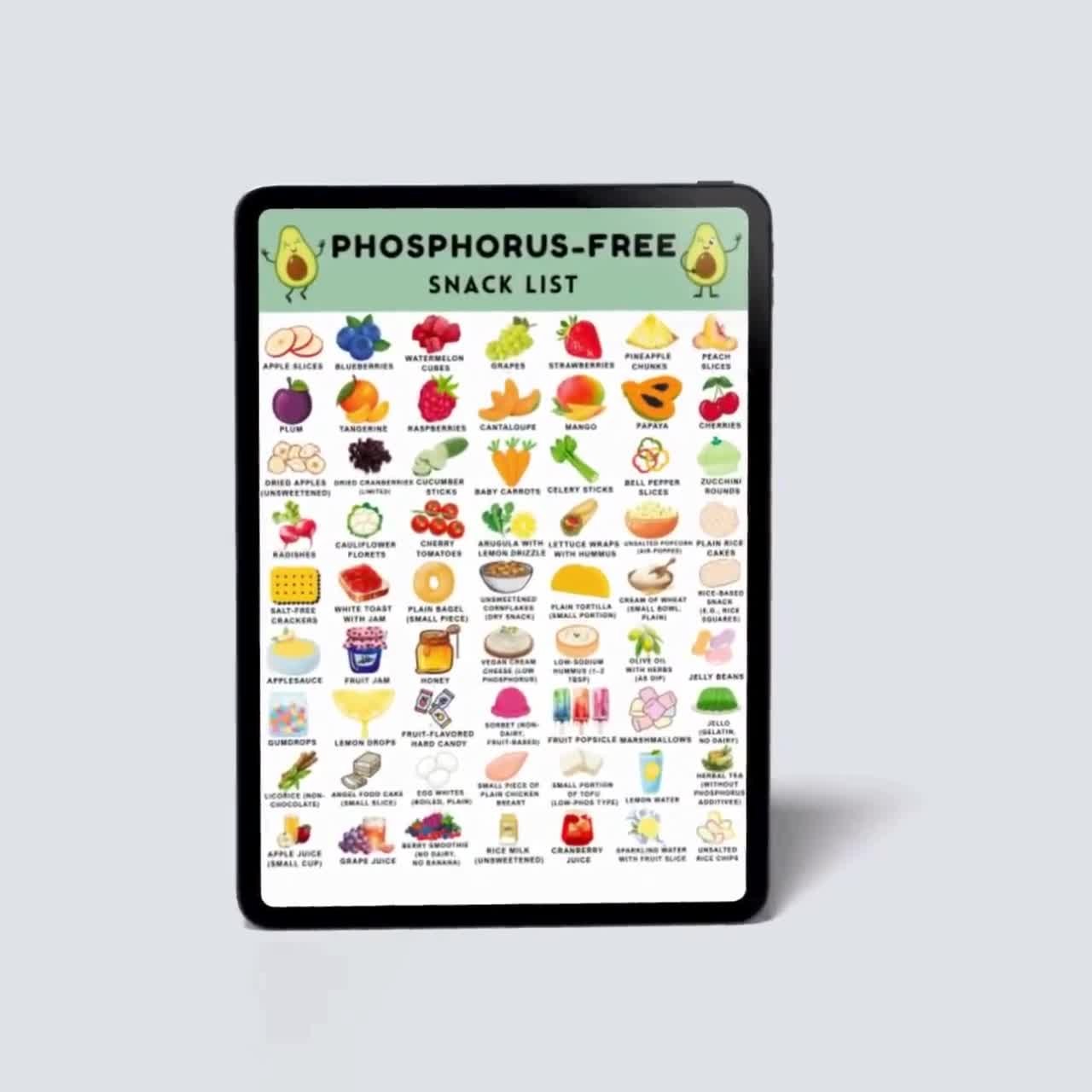 低リンスナック、リンを含まない食品リスト、腎臓に優しいスナックチャート、腎臓に優しい印刷物、腎臓に優しい食品リストPDF