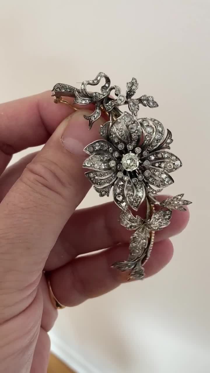 Lang Antiques French Platinum and Diamond Flower Brooch