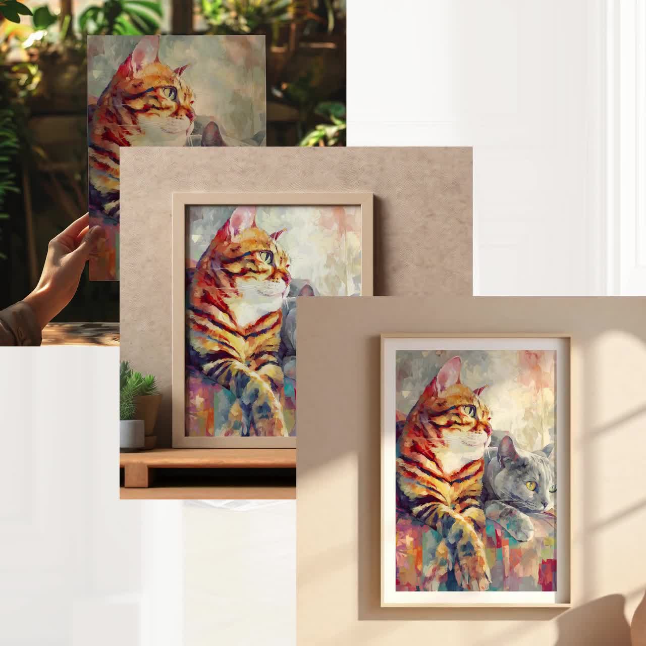 Arte digital de dúo de gatos coloridos, impresión vibrante de gato atigrado y gris, retrato abstracto de mascota para decoración de pared video poster