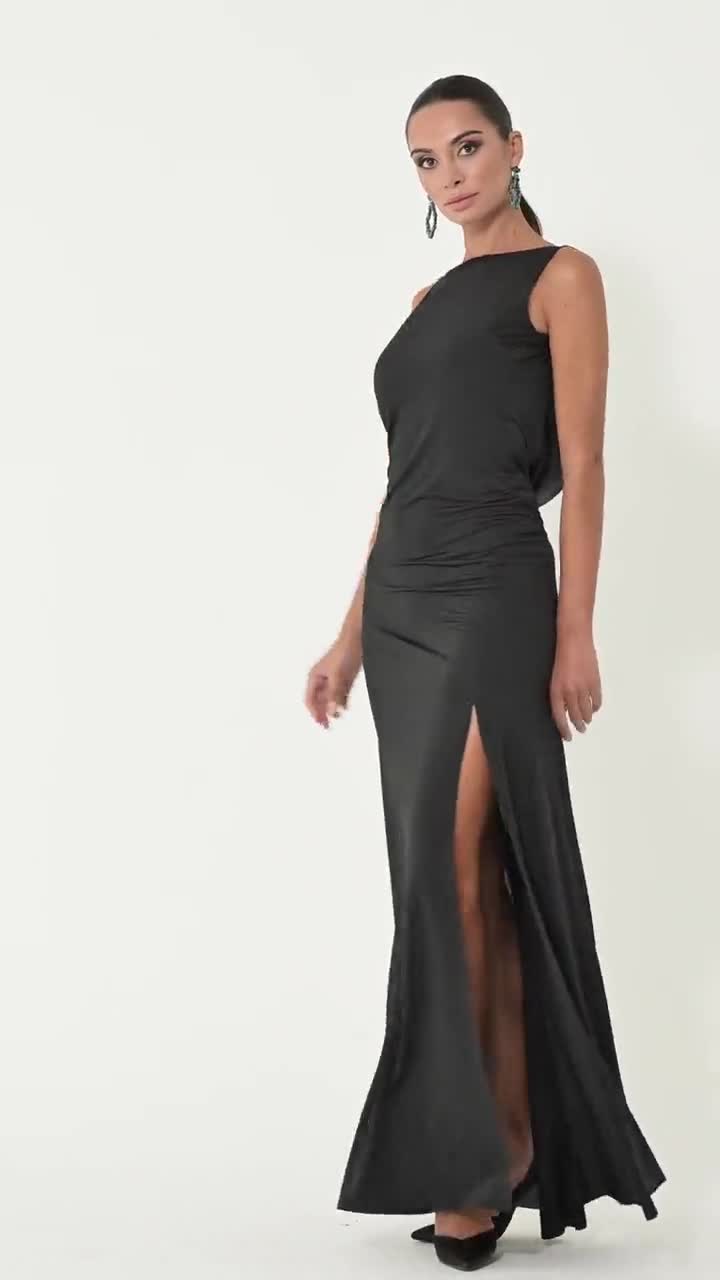 Deep Open Back Evening Dress Long Black Dress With Low Draped Back, Maxi  Dress With Low Open Back, Floor Dress With Left High Slit, Gown With Center  Back Panels