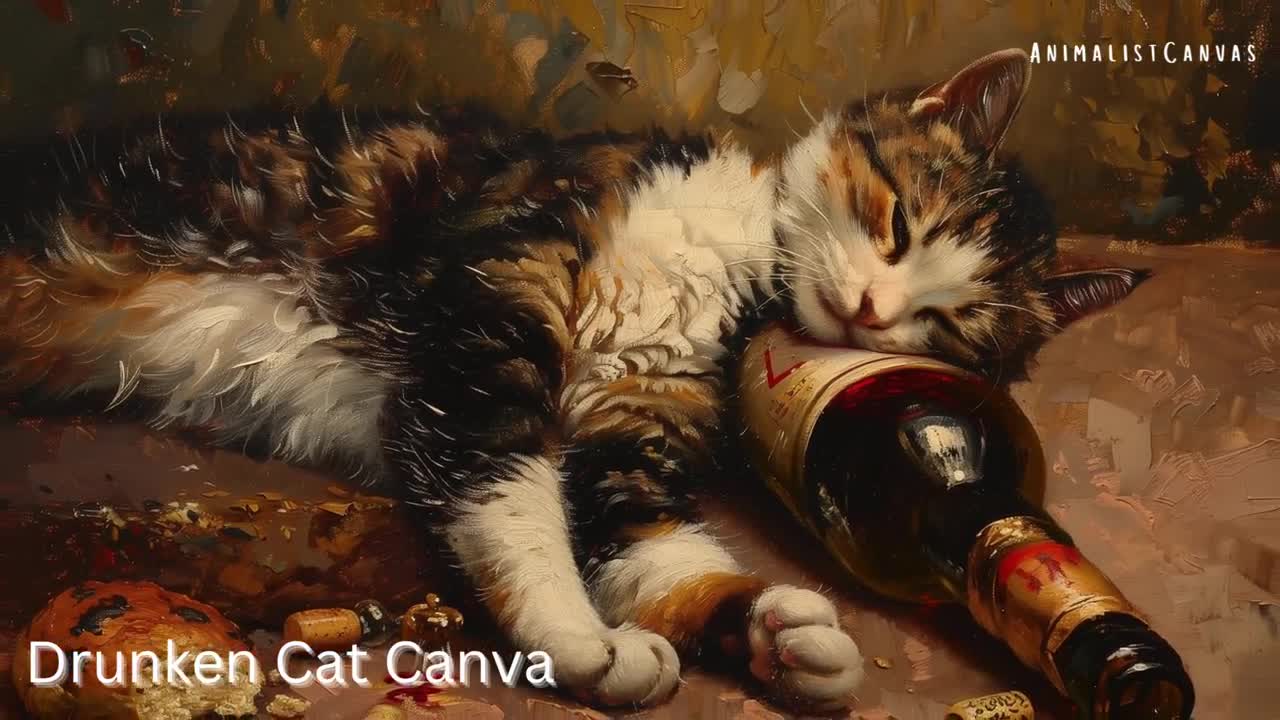 酔っ払った猫の絵画風猫のキャンバスプリント面白い猫のプリントワイン