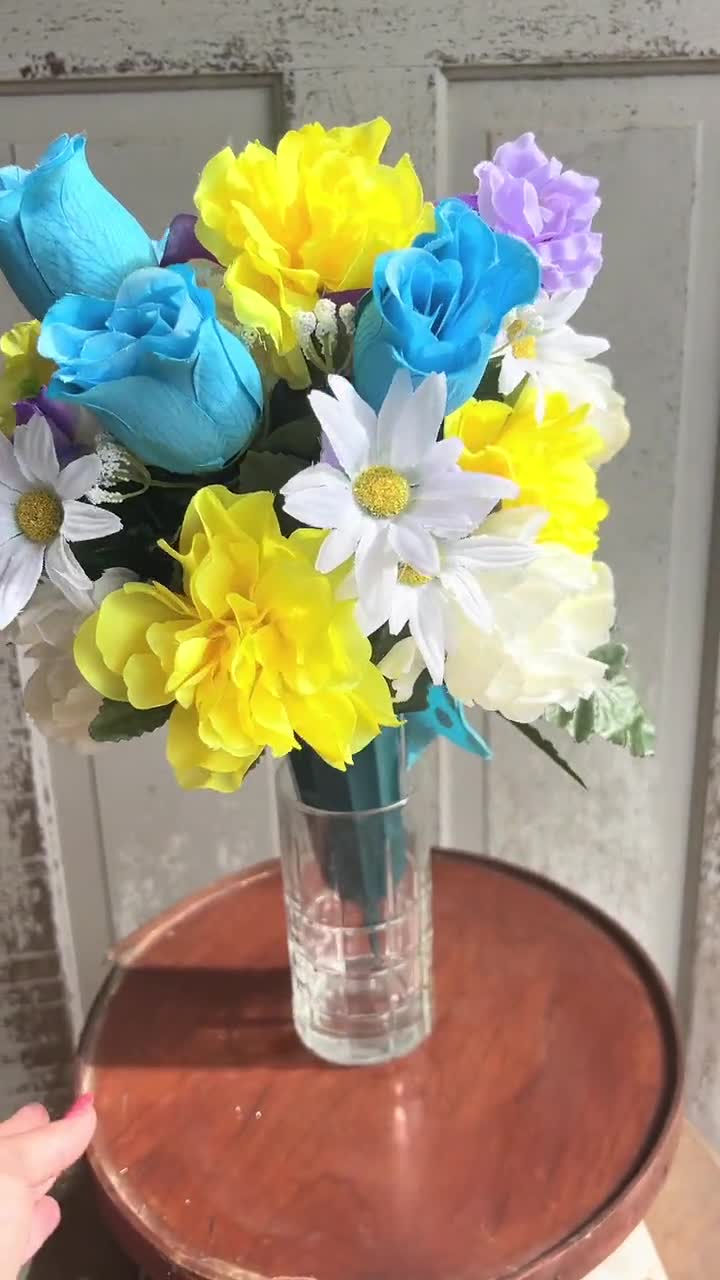 Handcrafted Memorial Vase – Teal Rose, Purple & Yellow Flowers - Etsy