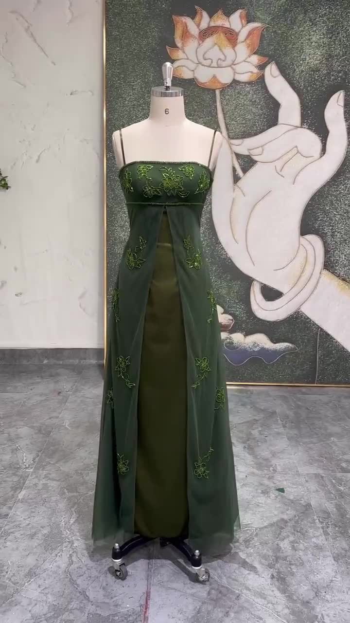 vintage green prom dress 90s Dress: Tulle & Silk Party Gown Crossed Straps Decoration Vintage Metallic Green Prom Dress