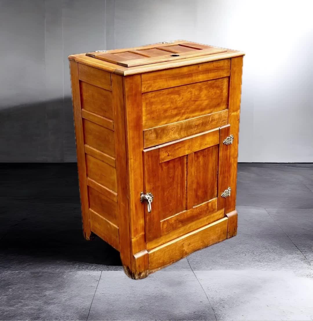 Antique Tiger Oak Ice Box, Wood Early Refrigerator, Circa 1920s