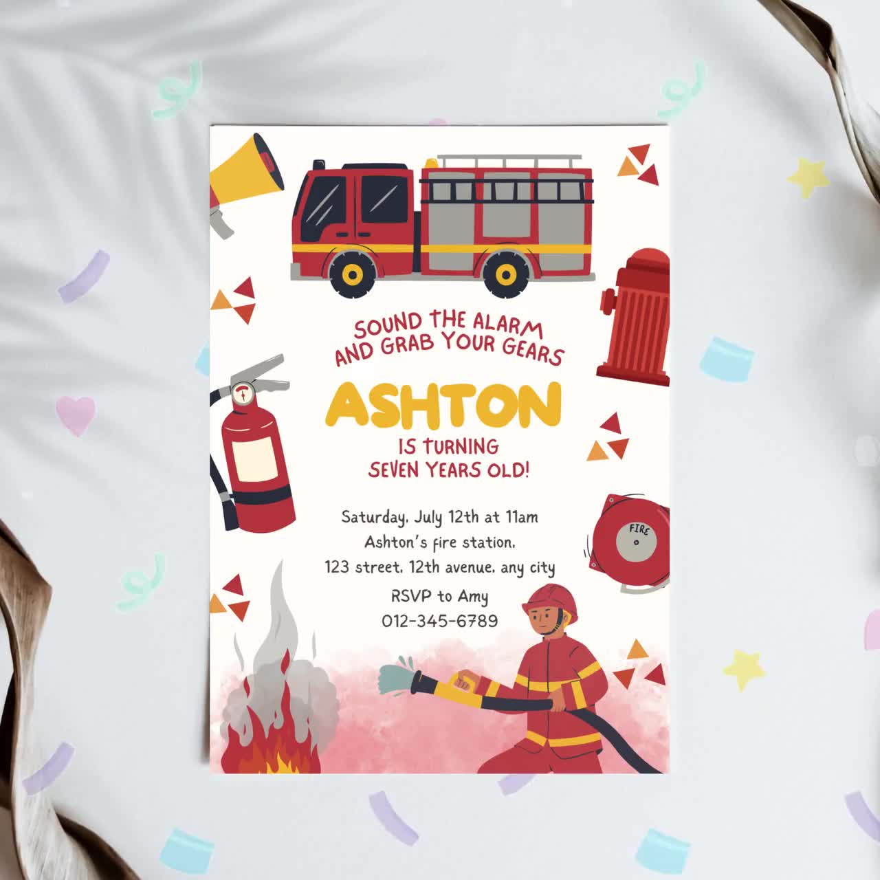 Fire Truck Birthday Party Invitation: Firefighter Theme (Printable Template), image size:1280x1280