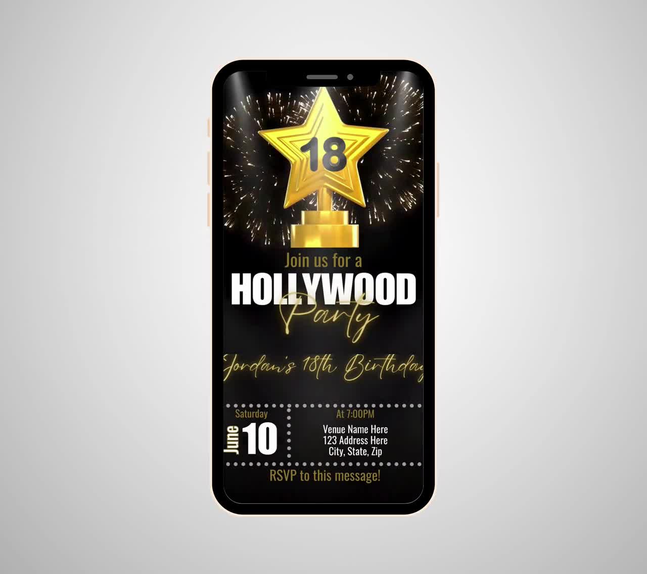 Editable Hollywood Video Invite, 18th Birthday Invite, Milestone Birthday,  Animated Birthday Invite, Video Invite, Evite, Video Template