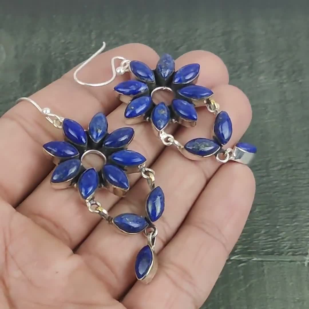 Orecchini Pendenti Boho In Argento 925 Fatti A Mano Con Granato A Pera, Lapislazzuli E Agata - Regalo Donna, Ipoallergenici