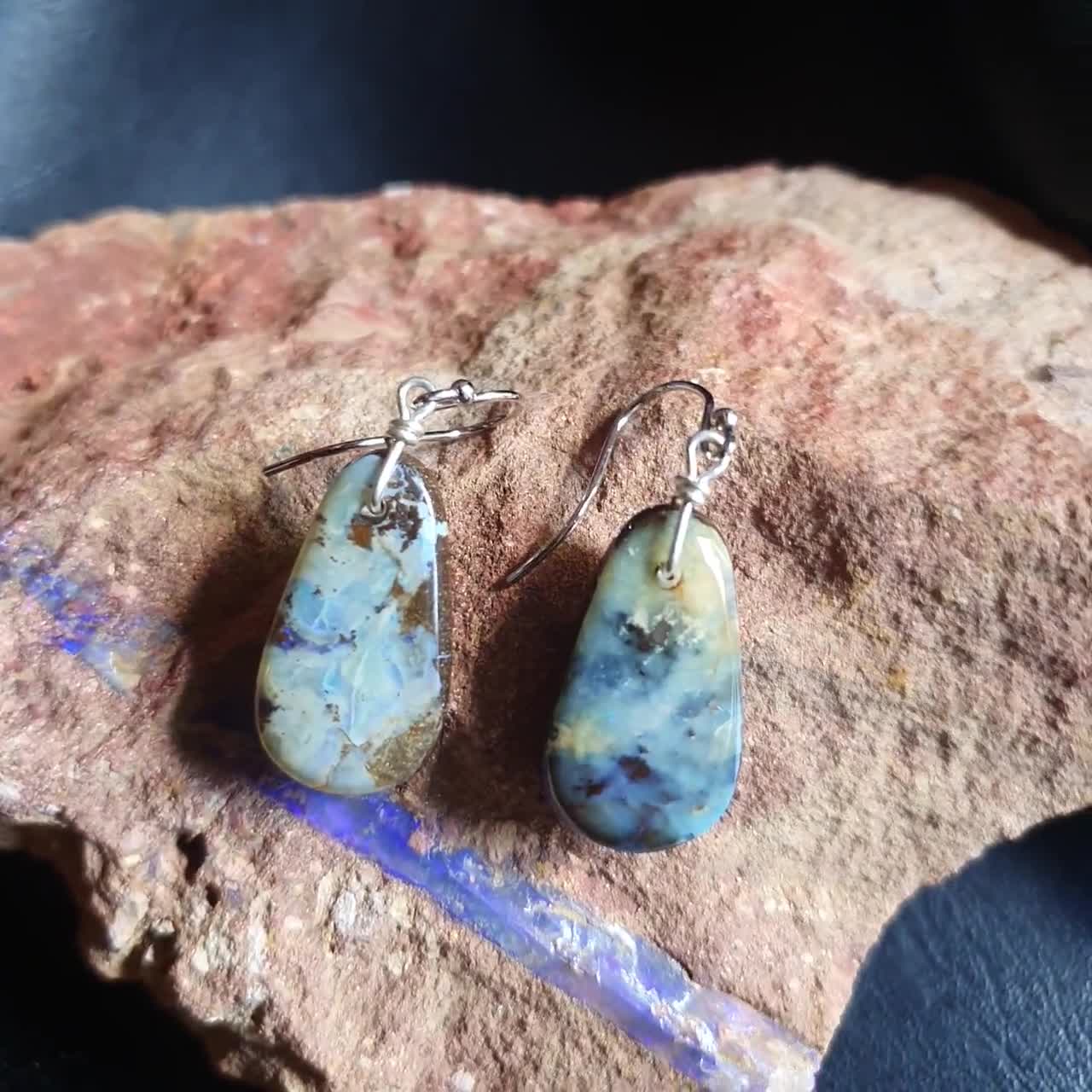 OPALS Australian Boulder Opal Earrings buy Silver Natural Holly Blue Chalcedony Free Shipping