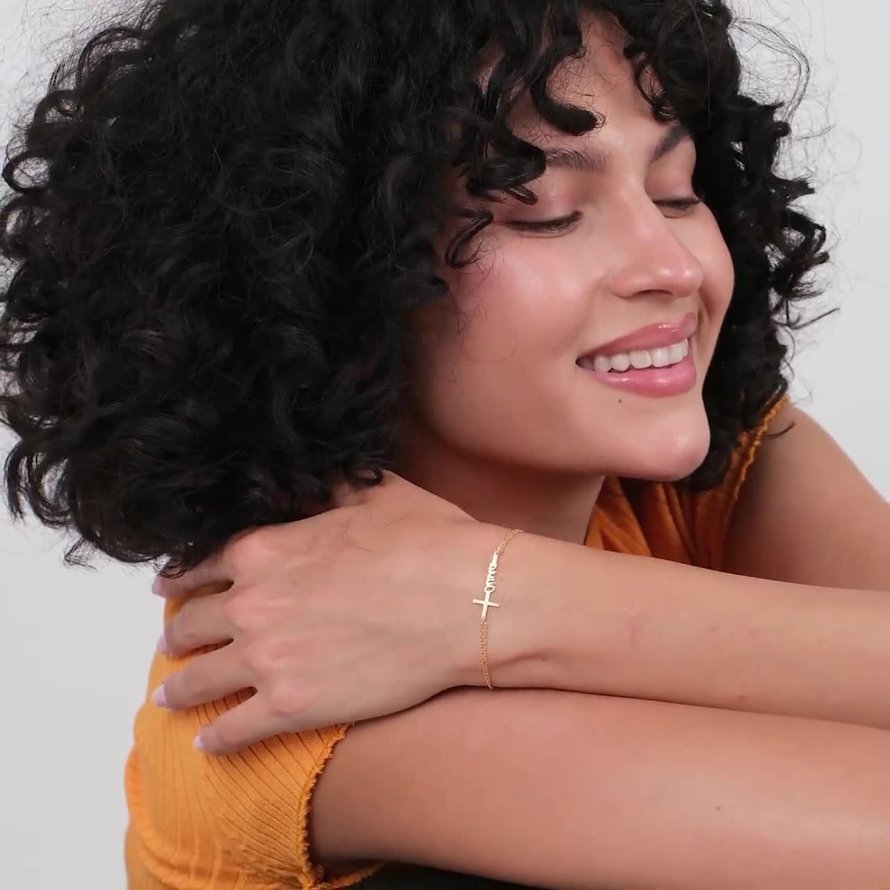 14Kソリッドゴールドクロスネームブレスレット、洗礼ブレスレット