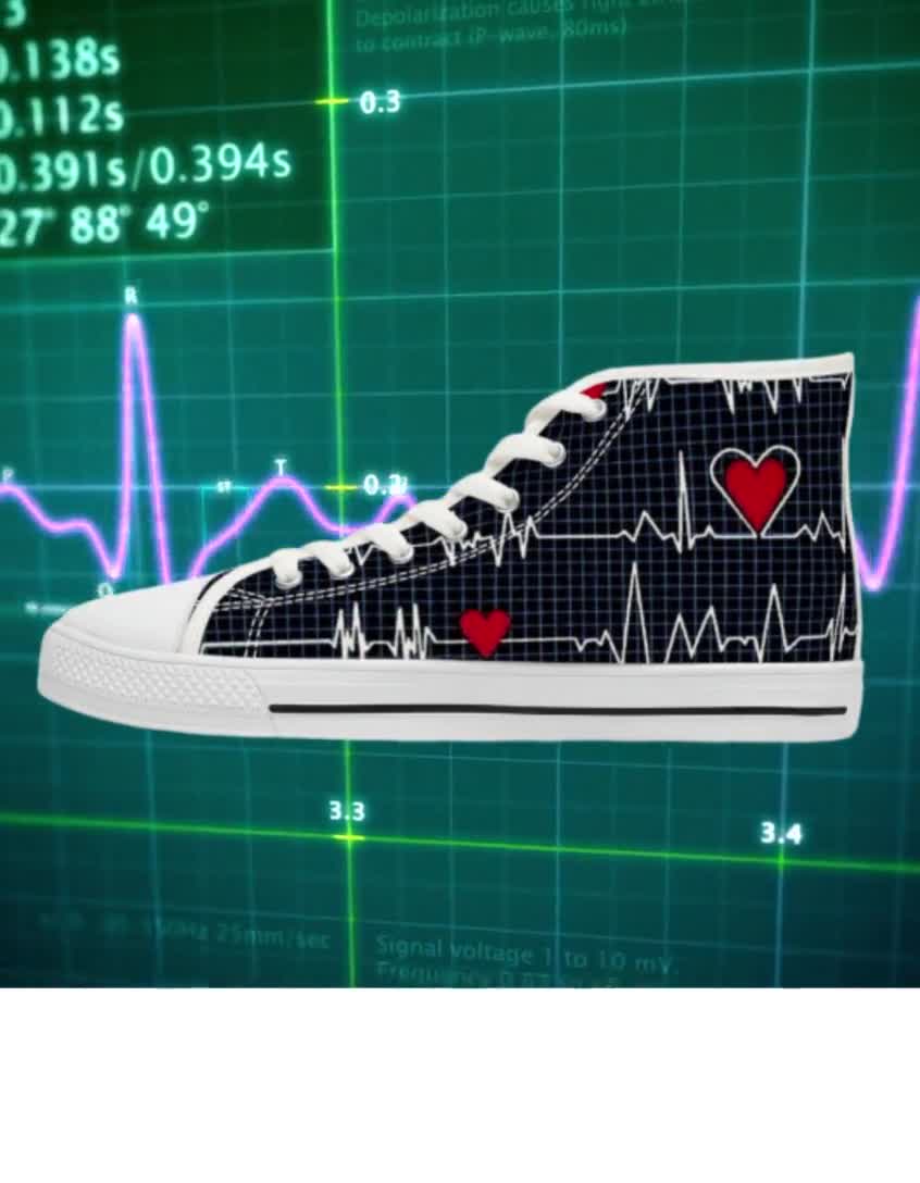 Heart & Ecg Print Canvas Shoes, Lace Up High Top Thick Soled