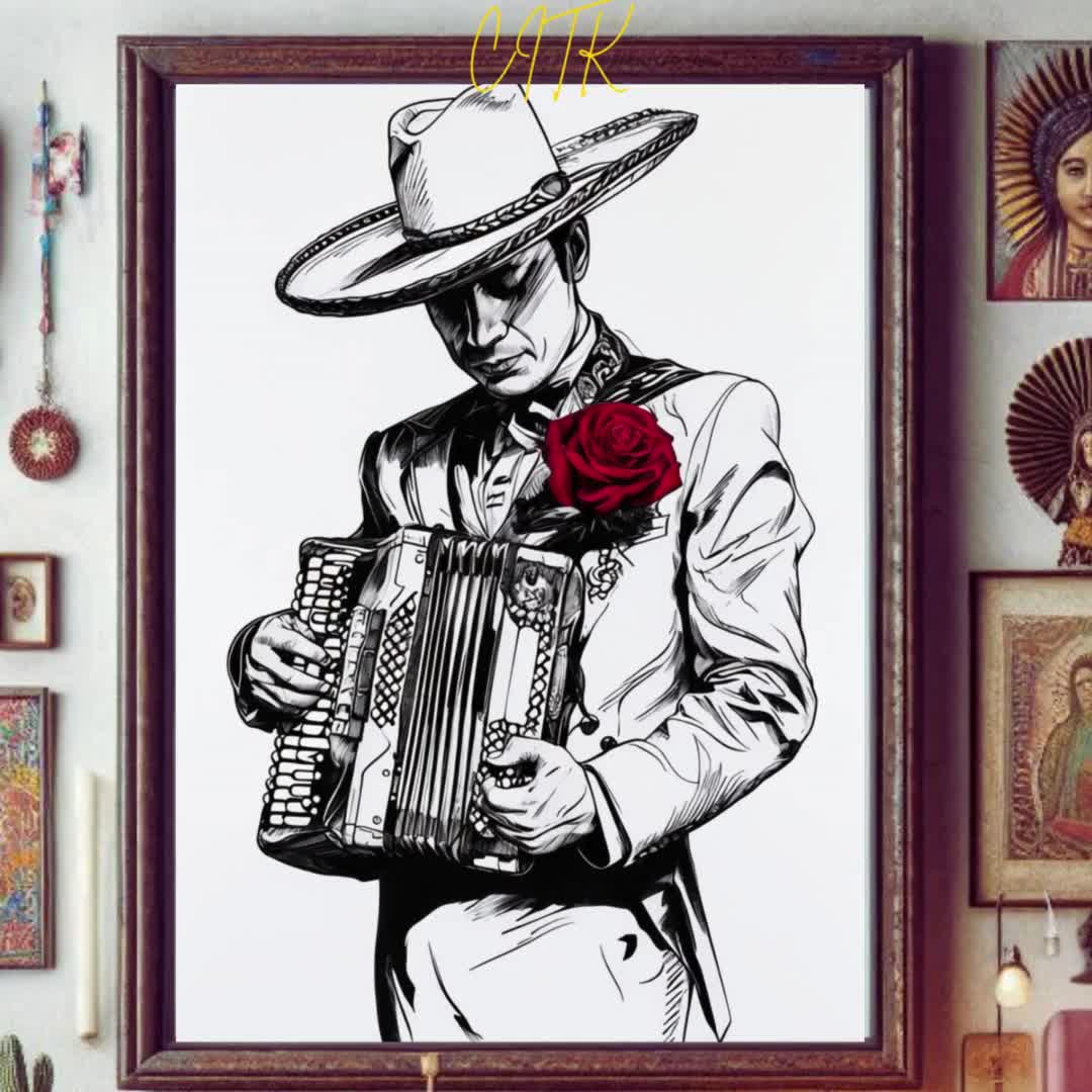 Mexican Accordion Player Wall Art Printable | Charro Mariachi
