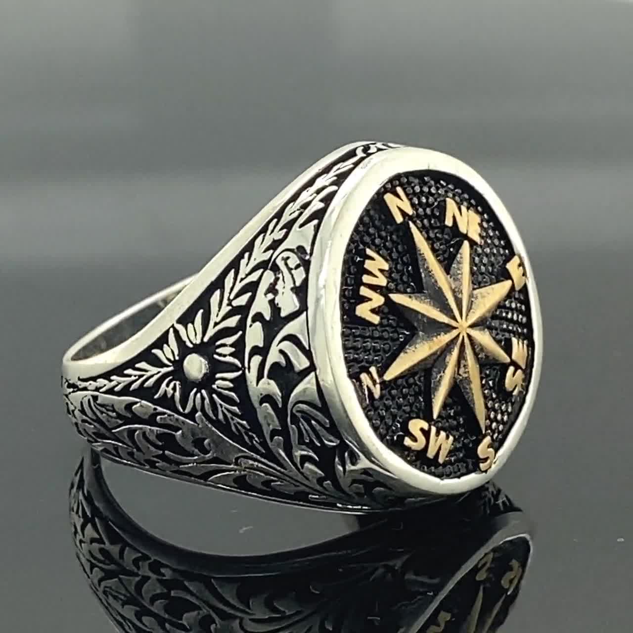 Silver Handmade Compass Ring , Compass Signet Ring , Silver Sailor
