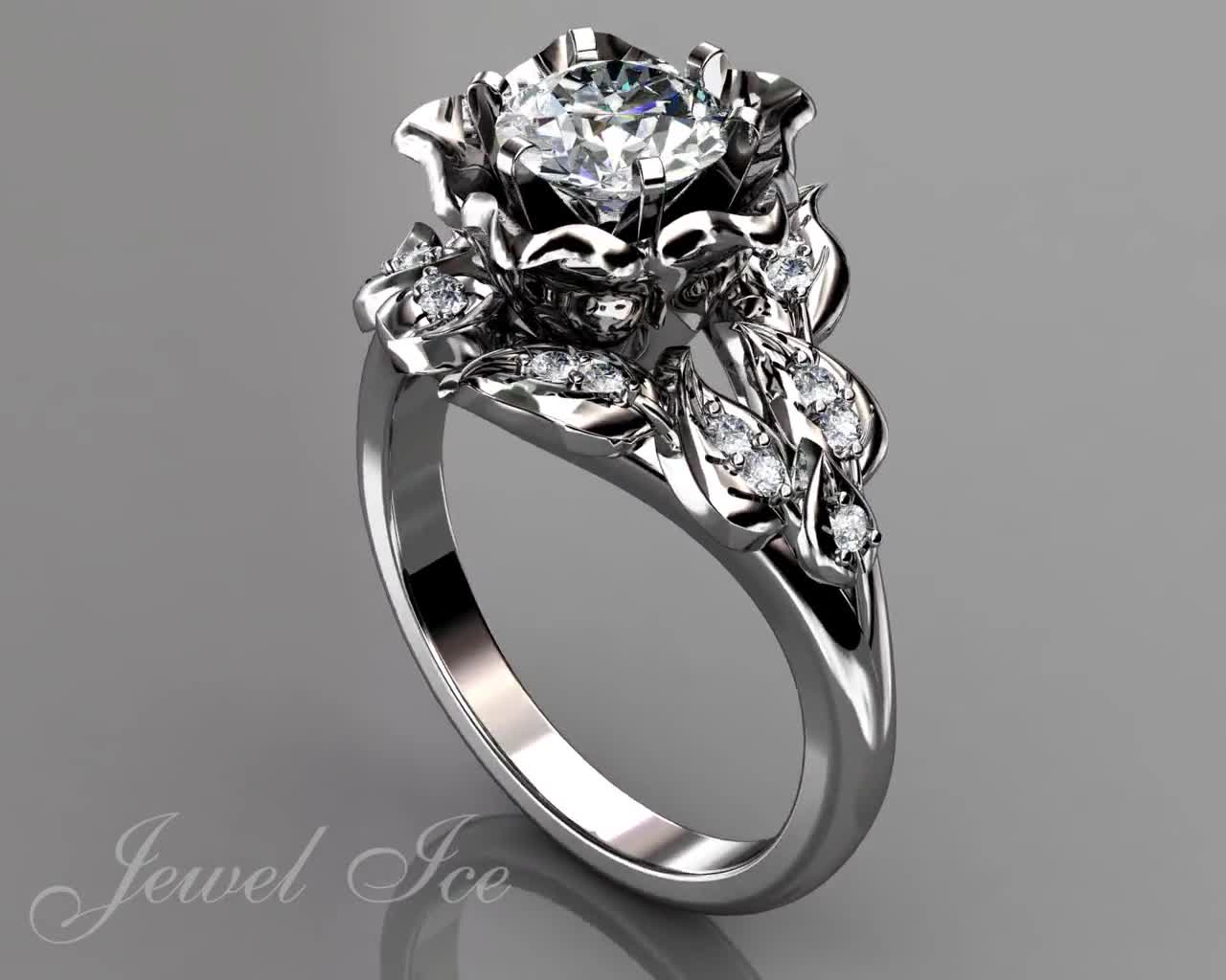 Leaves & Flower Engagement Ring - 14k White Gold Diamond