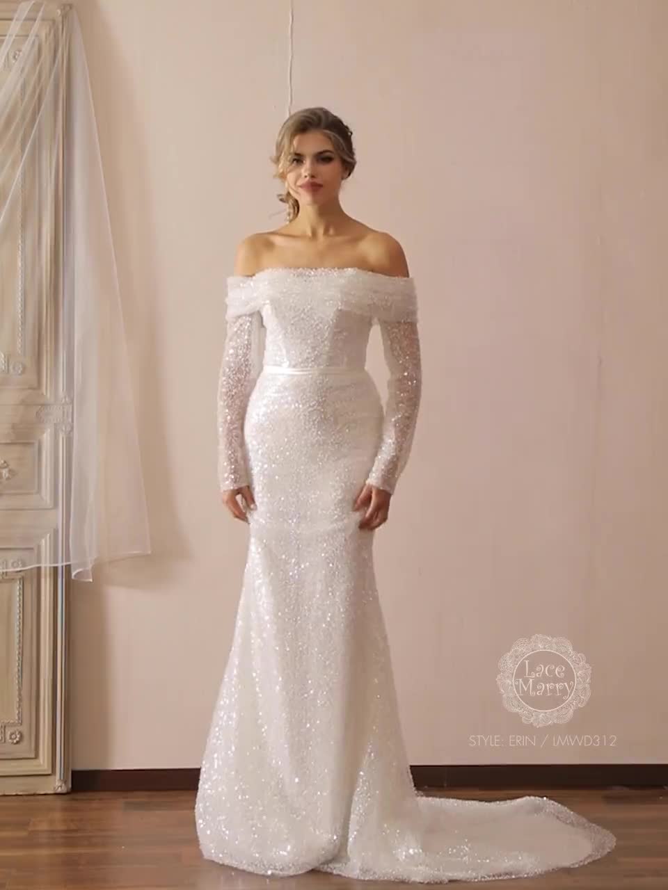 ERIN / Sparkling Wedding Dress with Off the Shoulder Long Sleeves -  LaceMarry