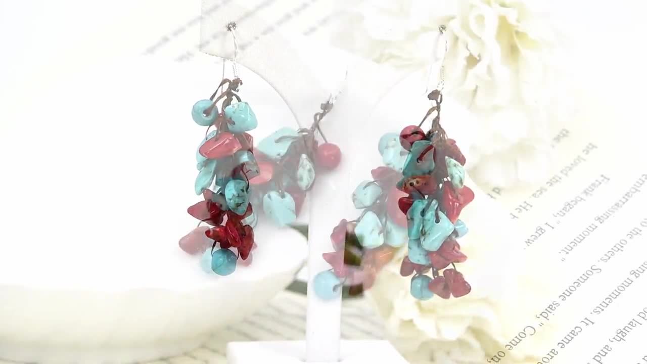 AeraVida Bali Handmade Mix Stones Simulated Turquoise Reconstructed Red  Coral Cluster .925 Sterling Silver Earrings