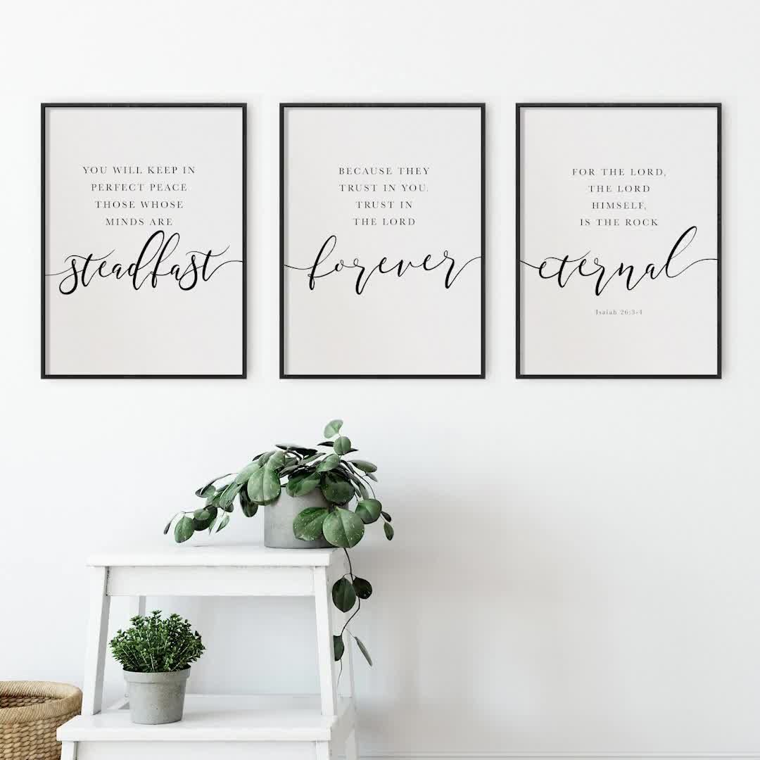 Isaiah 26:3-4 Bible Verse Wall Art, Christian Decor Set of 3 Prints, Above  Couch Bed Artwork, The Lord is my Rock, Christian Peace Quote