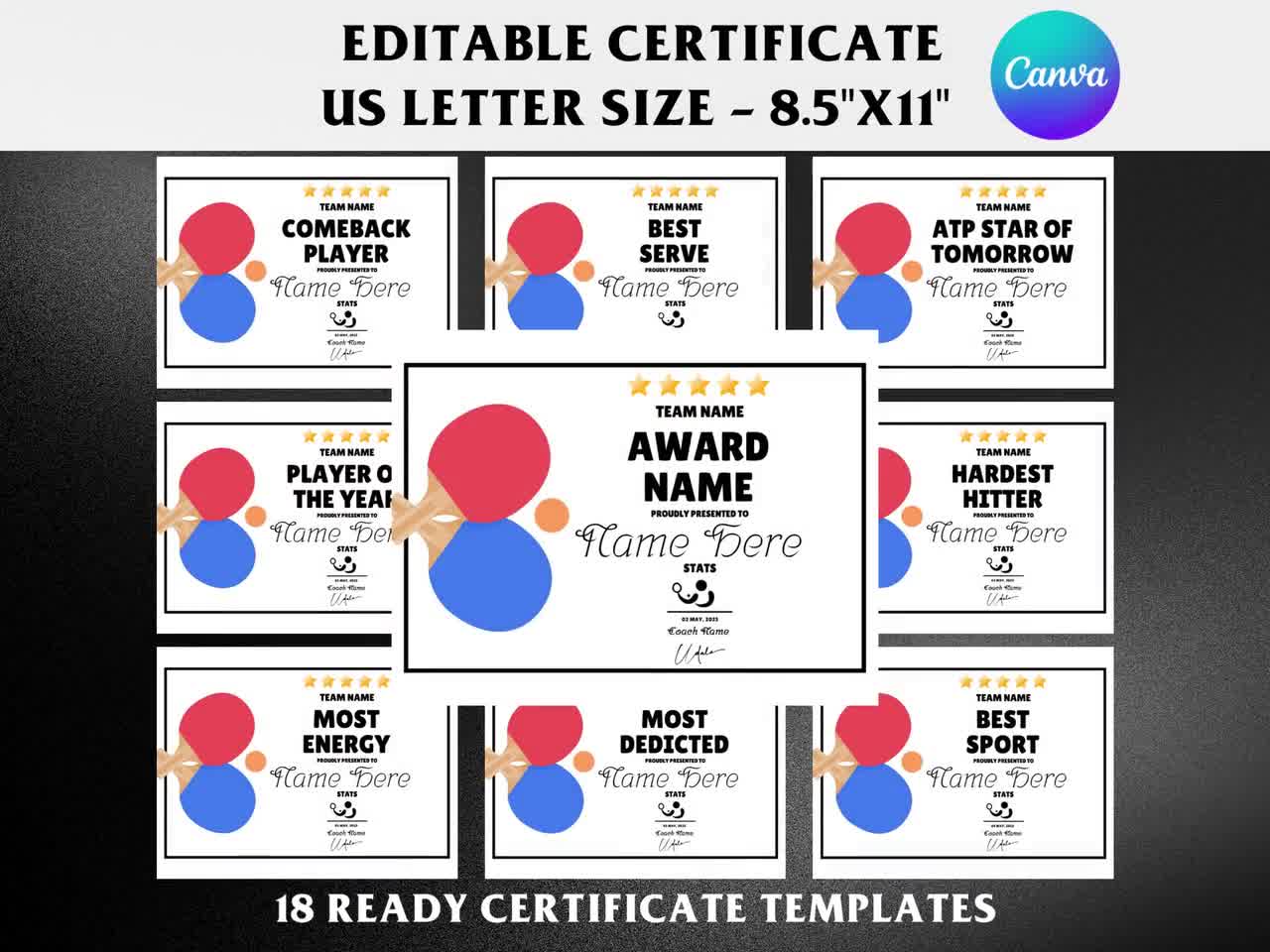 Table Tennis Award Certificate Editable, Customizable Sports Recognition,  Printable Ping Pong Achievement, Personalized Competition Champion