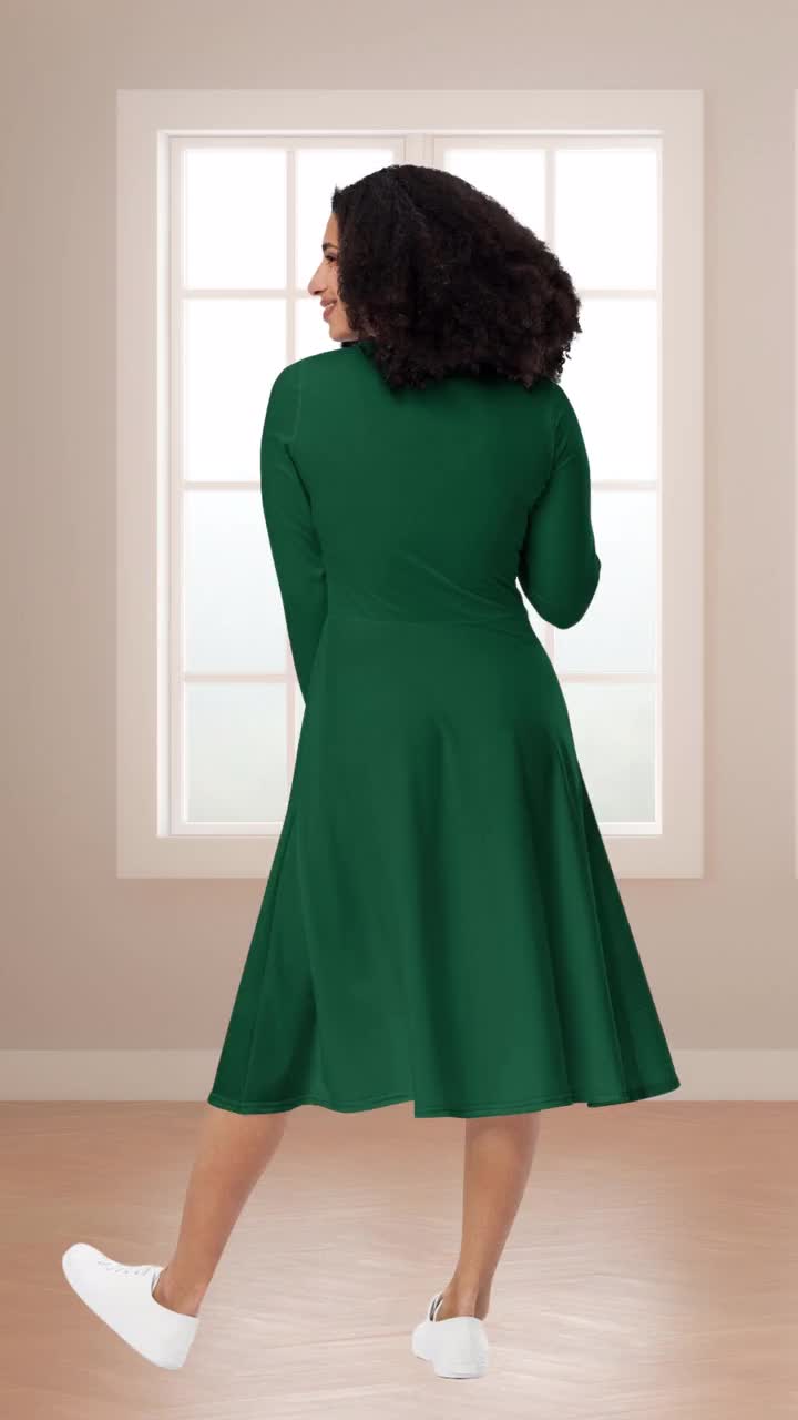 British Racing Green Dress Forest Green Dress Long Sleeve Midi Dress With Pockets Plus Size Dress Comfortable And Elegant Dress