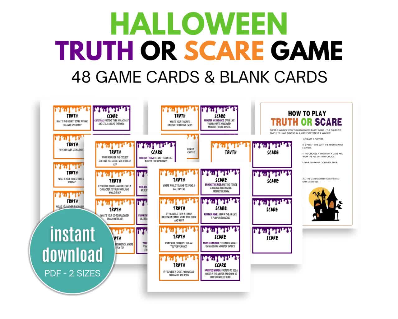 Halloween Truth Or Scare Cards Printable Halloween Truth Or Scare Game  Halloween Party Games For Kids Fun Halloween Activities